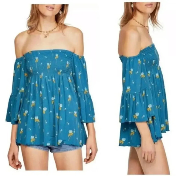 FREE PEOPLE Lana Off the Shoulder Tunic Top Smocked Boho Floral Blue Size XS - Picture 1 of 7